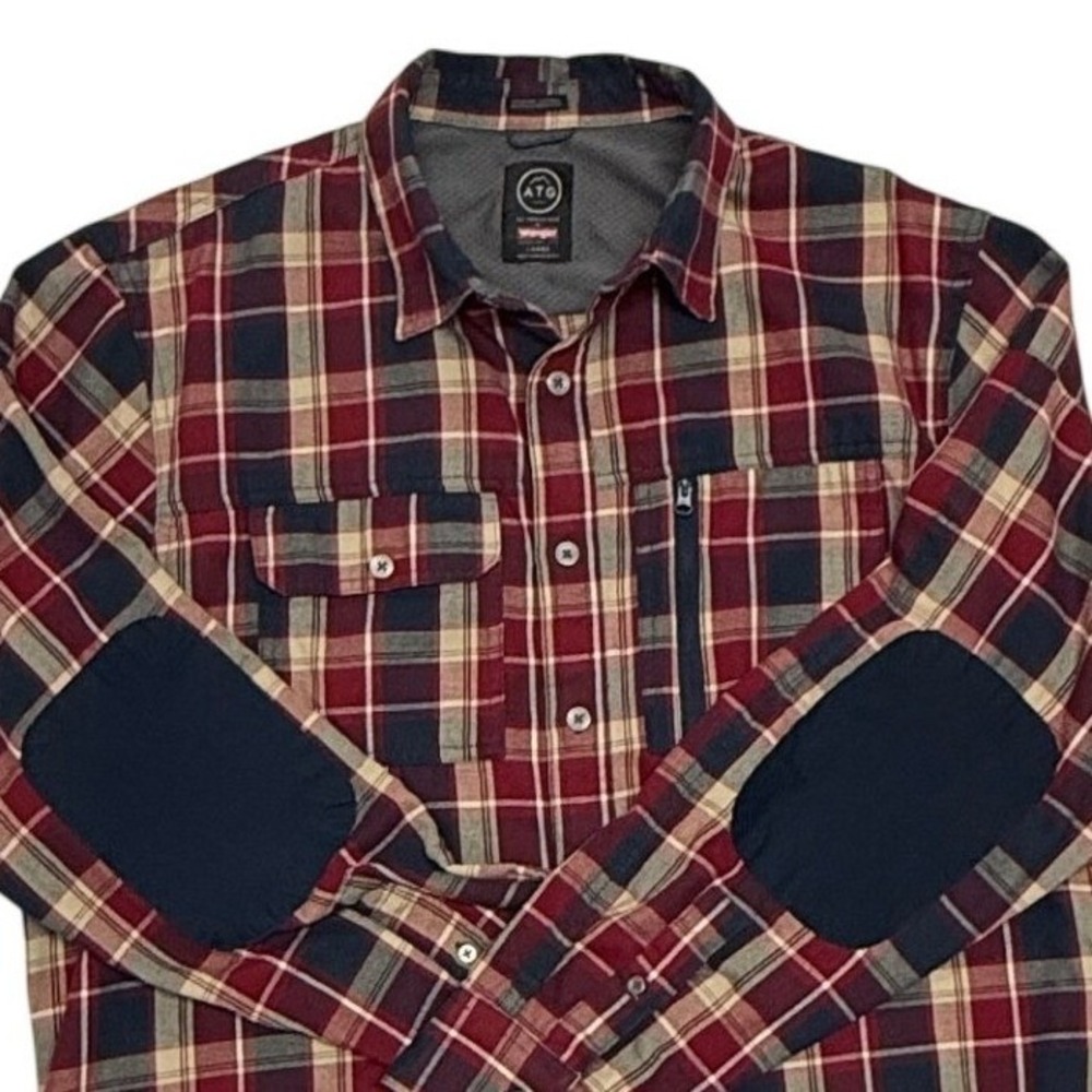 Wrangler ATG Shirt Mens Large Red Blue Plaid Flannel Long Sleeve‎ Elbow Patches